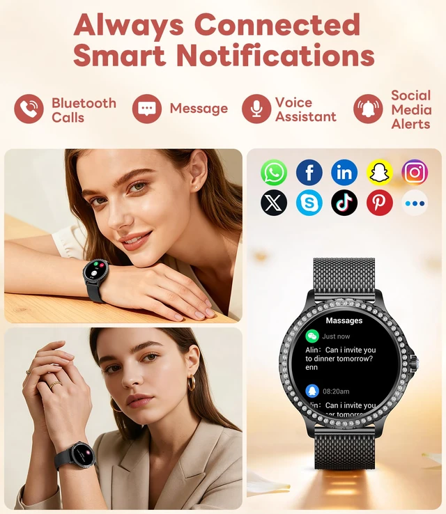 Alt view image 4 of 7 - Smart Watch for Women Diamond, Bluetooth Calls, 1.32-inch HD Screen Round Fitness Tracker with Menstrual Cycle/Sleep/Heart Rate Monitor, 100+ Sports Mode, Android/iOS Phone, Black