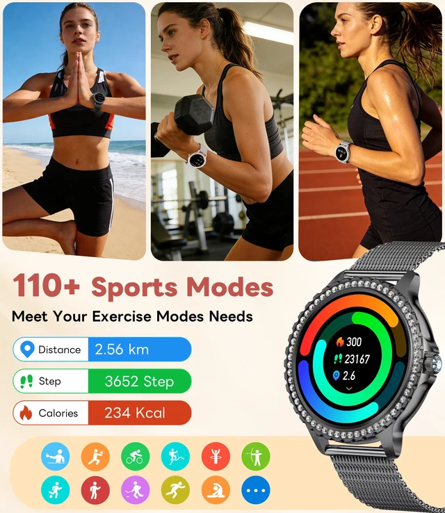 Alt view image 6 of 7 - Smart Watch for Women Diamond, Bluetooth Calls, 1.32-inch HD Screen Round Fitness Tracker with Menstrual Cycle/Sleep/Heart Rate Monitor, 100+ Sports Mode, Android/iOS Phone, Black