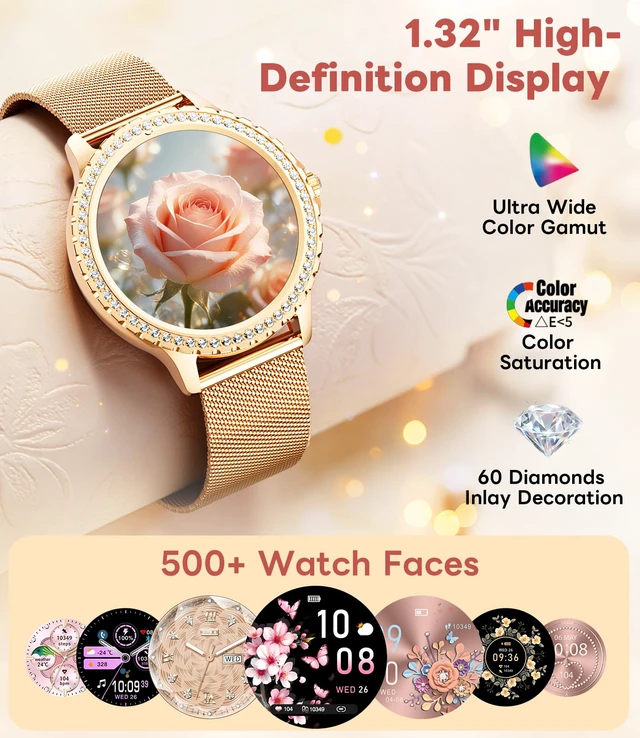 Alt view image 2 of 7 - Smart Watch for Women Diamond, Bluetooth Calls, 1.32-inch HD Screen Round Fitness Tracker with Menstrual Cycle/Sleep/Heart Rate Monitor, 100+ Sports Mode, Android/iOS Phone, Rose Gold