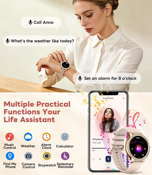 Alt view image 3 of 7 - Smart Watch for Women Diamond, Bluetooth Calls, 1.32-inch HD Screen Round Fitness Tracker with Menstrual Cycle/Sleep/Heart Rate Monitor, 100+ Sports Mode, Android/iOS Phone, Rose Gold