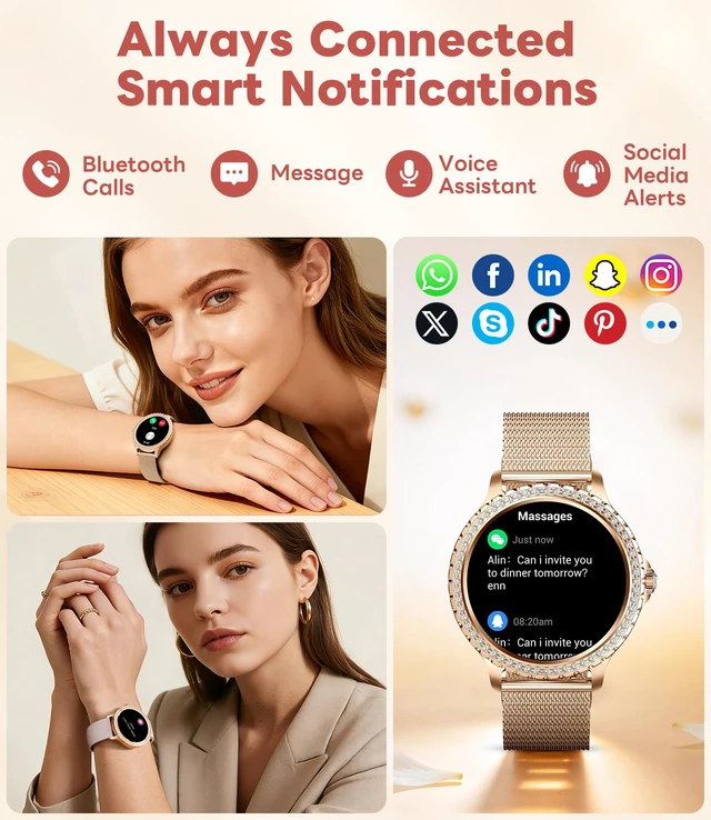 Alt view image 4 of 7 - Smart Watch for Women Diamond, Bluetooth Calls, 1.32-inch HD Screen Round Fitness Tracker with Menstrual Cycle/Sleep/Heart Rate Monitor, 100+ Sports Mode, Android/iOS Phone, Rose Gold
