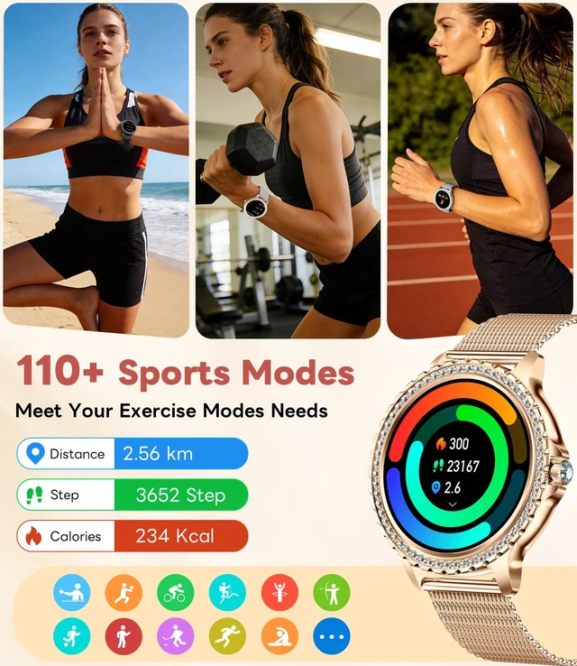 Alt view image 6 of 7 - Smart Watch for Women Diamond, Bluetooth Calls, 1.32-inch HD Screen Round Fitness Tracker with Menstrual Cycle/Sleep/Heart Rate Monitor, 100+ Sports Mode, Android/iOS Phone, Rose Gold