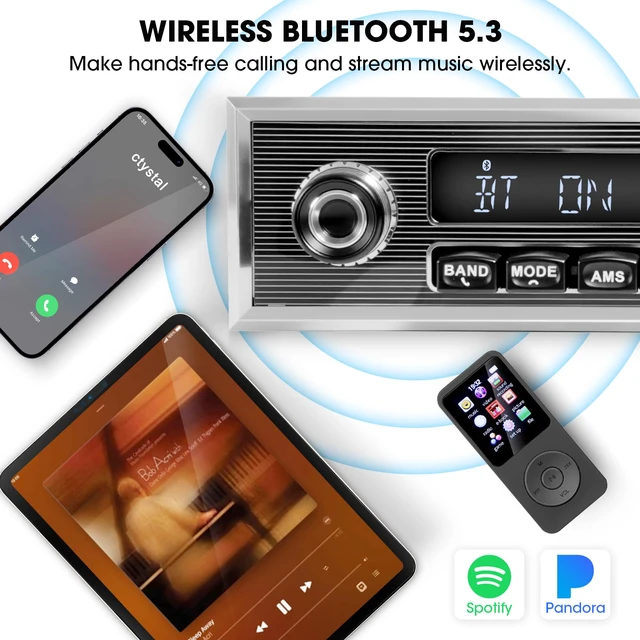 Alt view image 3 of 6 - Retro Vintage Radio for Classic Vehicle - Single Din Bluetooth Car Stereo AM FM USB AUX EQ Subwoofer RCA Output