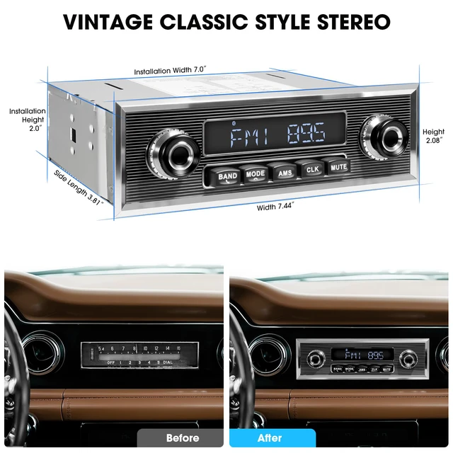 Alt view image 2 of 6 - Retro Vintage Radio for Classic Vehicle - Single Din Bluetooth Car Stereo AM FM USB AUX EQ Subwoofer RCA Output