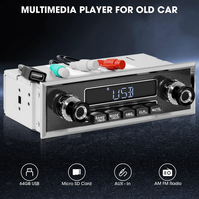 Alt view image 4 of 6 - Retro Vintage Radio for Classic Vehicle - Single Din Bluetooth Car Stereo AM FM USB AUX EQ Subwoofer RCA Output