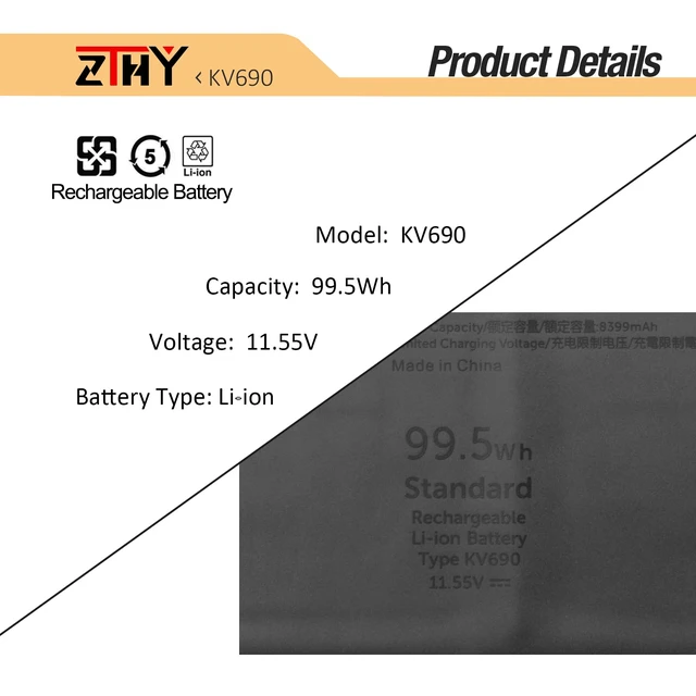 Alt view image 3 of 7 - KV690 Laptop Battery Replacement for Dell Precision 5680 Precision 5690 6D2HW 06D2HW N7KV9 0N7KV9 WPYCV 0WPYCV 11.55V 8399mAh 99.5Wh 6-Cell