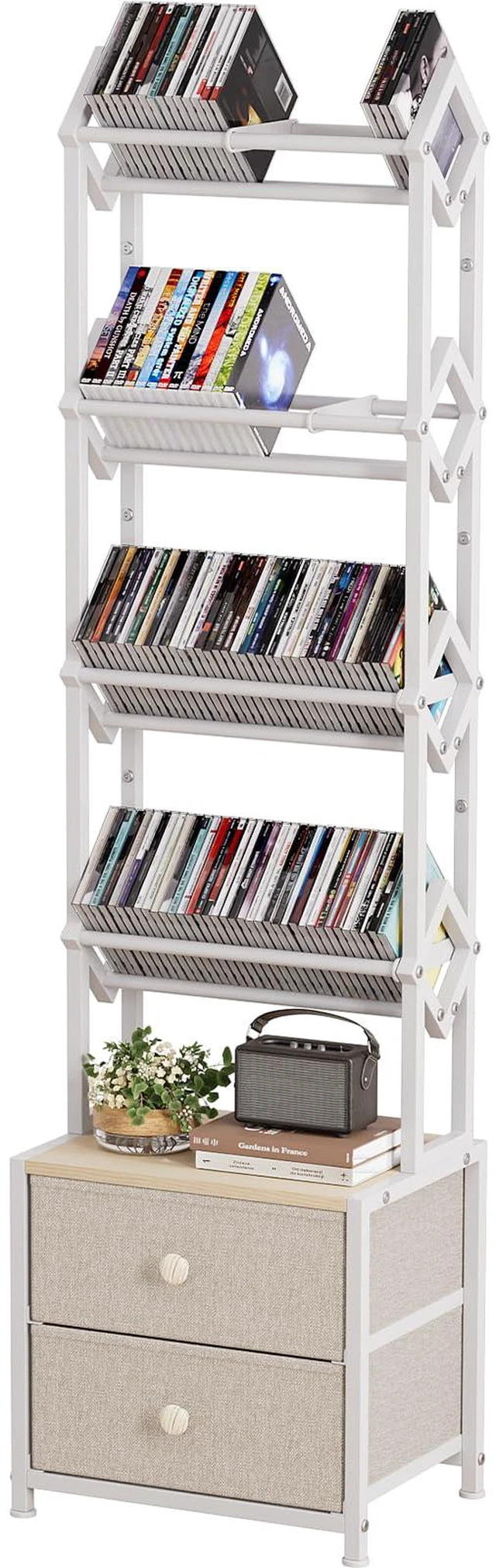 Main image of CD Storage Rack, DVD Storage Shelf Tower, Tilted Style 5-Tier Compact Media Shelf with Fabric Drawers, Fits DVDs, Video Games, Books, For Living Room & Home Office, 58.7 in Tall