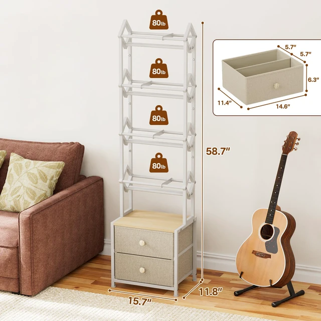 Alt view image 3 of 7 - CD Storage Rack, DVD Storage Shelf Tower, Tilted Style 5-Tier Compact Media Shelf with Fabric Drawers, Fits DVDs, Video Games, Books, For Living Room & Home Office, 58.7 in Tall