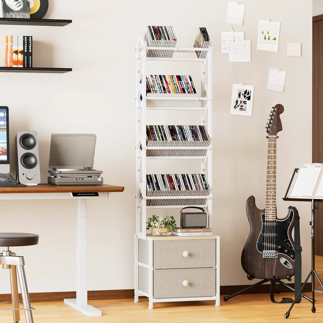 Alt view image 2 of 7 - CD Storage Rack, DVD Storage Shelf Tower, Tilted Style 5-Tier Compact Media Shelf with Fabric Drawers, Fits DVDs, Video Games, Books, For Living Room & Home Office, 58.7 in Tall