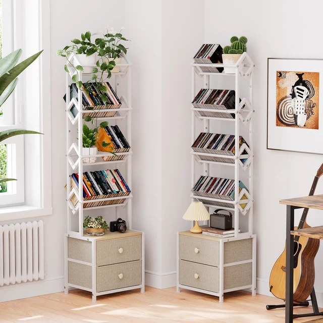 Alt view image 5 of 7 - CD Storage Rack, DVD Storage Shelf Tower, Tilted Style 5-Tier Compact Media Shelf with Fabric Drawers, Fits DVDs, Video Games, Books, For Living Room & Home Office, 58.7 in Tall
