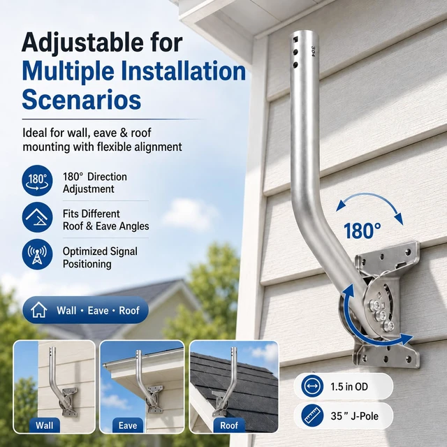 Alt view image 5 of 7 - Antenna Mount J-Pole for Weather Station 1.5x35in 304 Stainless Steel 2mm Bracket with Reversible 180° Pivot Lock for Walls, Eaves or Roofs, Hardware Included, Supports Starlink, Adapter Required