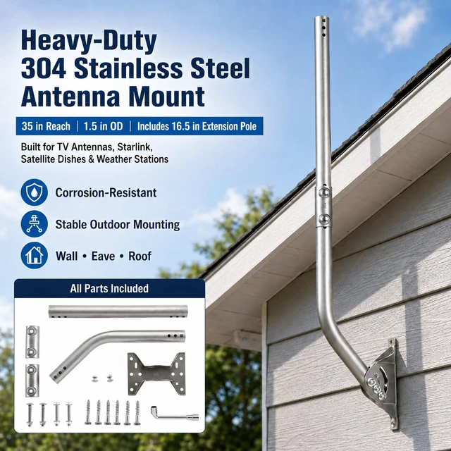 Alt view image 7 of 7 - Antenna Mount J-Pole for Weather Station 1.5x35in 304 Stainless Steel 2mm Bracket with Reversible 180° Pivot Lock for Walls, Eaves or Roofs, Hardware Included, Supports Starlink, Adapter Required