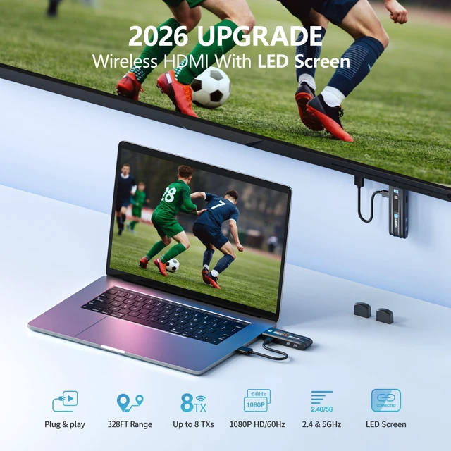 Alt view image 2 of 7 - 2026 Upgraded Wireless HDMI Transmitter and Receiver, HDMI Wireless Extender 4K Decode Input 1080P Output, 2.4/5G, for Laptop PC TV Box to TV Monitor Projector for Home Church Office, 328FT