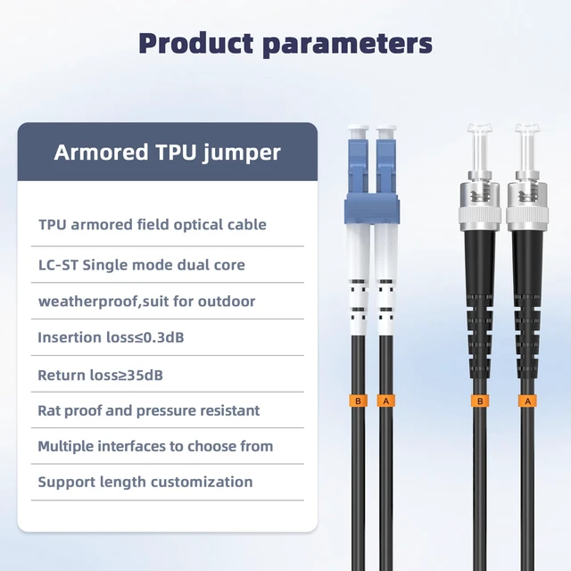 Alt view image 2 of 7 - 50M LC to ST Outdoor Armored Duplex 9/125 SM Fiber Optic Cable Jumper Optical Patch Cord Singlemode 50Meters 160ft LC-ST