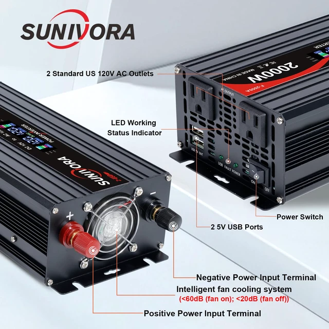 Alt view image 2 of 7 - 2000W Power Inverter 12V DC to 110V/120V AC Converter 4000W Peak LCD Display, 3 AC Outlets & 2 USB Ports Power Inverters for Vehicles Truck Boat RV Camping Solar System emergency backup