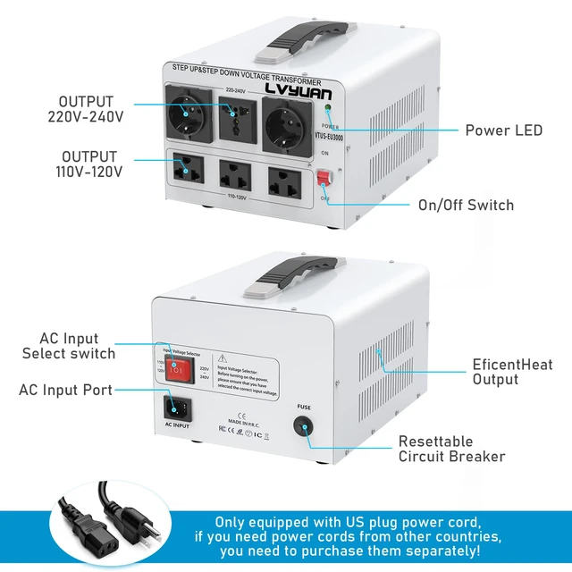 Alt view image 2 of 7 - 3000W Step Up & Down Voltage Transformer 110/120V to 220/240V 6 multi-socket(3US+2EU+1Universal), resettable MCB breaker, 8-fold safety shield, pure copper toroidal coil,CE&FCC certified