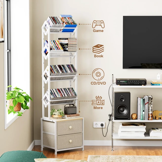Alt view image 4 of 7 - CD Storage Rack, DVD Storage Shelf Tower, Tilted Style 5-Tier Compact Media Shelf with Fabric Drawers, Fits DVDs, Video Games, Books, For Living Room & Home Office, 58.7 in Tall