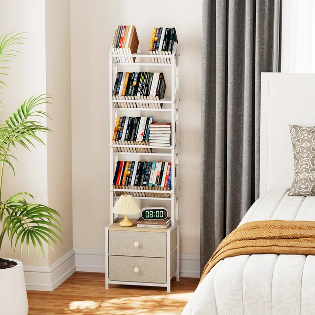 Alt view image 7 of 7 - CD Storage Rack, DVD Storage Shelf Tower, Tilted Style 5-Tier Compact Media Shelf with Fabric Drawers, Fits DVDs, Video Games, Books, For Living Room & Home Office, 58.7 in Tall