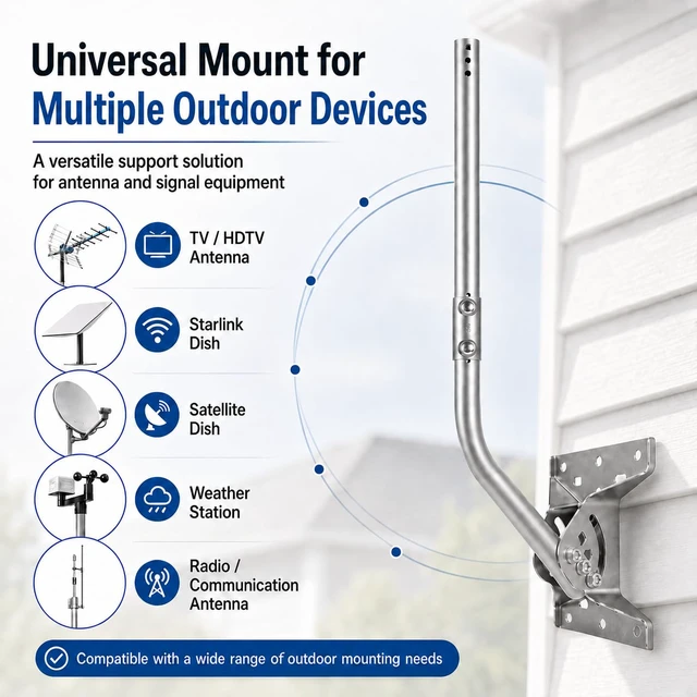 Alt view image 3 of 7 - Antenna Mount J-Pole for Weather Station 1.5x35in 304 Stainless Steel 2mm Bracket with Reversible 180° Pivot Lock for Walls, Eaves or Roofs, Hardware Included, Supports Starlink, Adapter Required