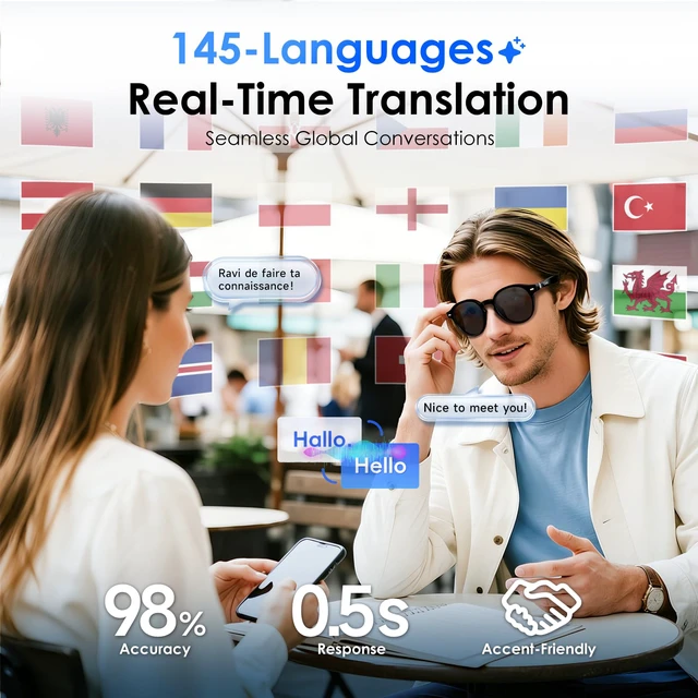 Alt view image 4 of 7 - AI Smart Sunglasses, Real-Time Translation, Bluetooth Open Ear Audio For Business Meetings Travel & Daily Use, Languages Translation, ChatGPT,IPX4 Waterproof, Bluetooth 5.4, 11H Playtime