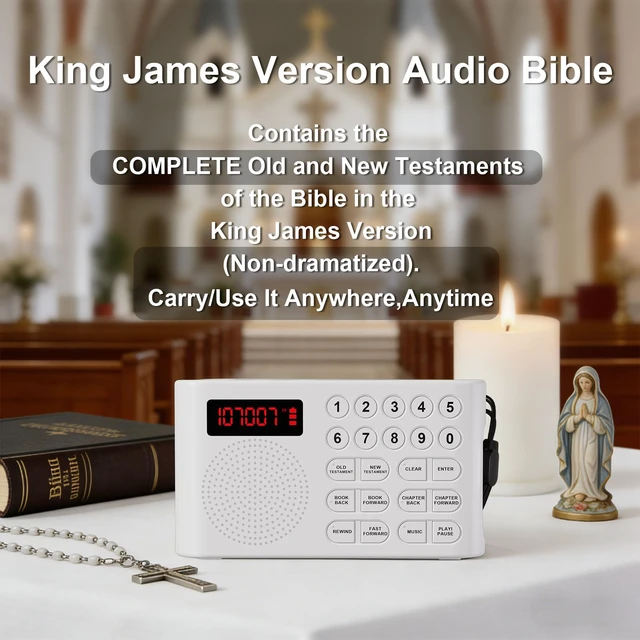 Alt view image 3 of 6 - KJV Audio Bible Player for Seniors, Large One-Touch Buttons Easy-to-Use Audio Bibles for Seniors, Portable Electronic Talking Bible with Complete King James Version(White)
