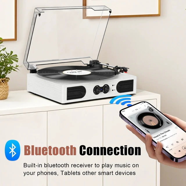 Alt view image 2 of 7 - Vinyl Record Player with Built-in Stereo Speakers, Vintage 3-Speed Turntable, Bass/Treble Control, Headphone Jack, RCA/AUX Outputs, Belt-Driven LP Player, White Wood