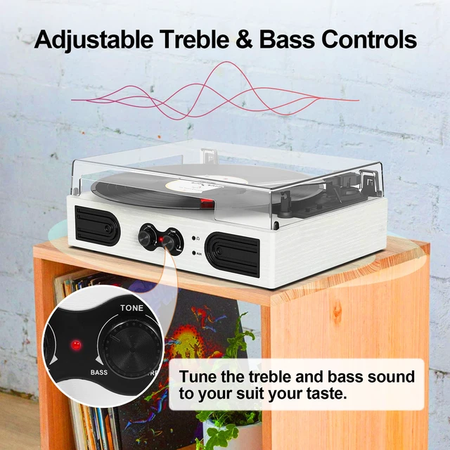 Alt view image 4 of 7 - Vinyl Record Player with Built-in Stereo Speakers, Vintage 3-Speed Turntable, Bass/Treble Control, Headphone Jack, RCA/AUX Outputs, Belt-Driven LP Player, White Wood