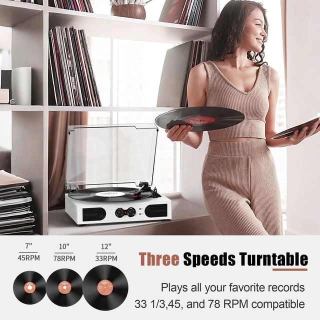 Alt view image 3 of 7 - Vinyl Record Player with Built-in Stereo Speakers, Vintage 3-Speed Turntable, Bass/Treble Control, Headphone Jack, RCA/AUX Outputs, Belt-Driven LP Player, White Wood