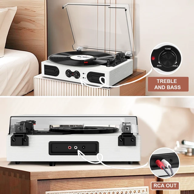 Alt view image 5 of 7 - Vinyl Record Player with Built-in Stereo Speakers, Vintage 3-Speed Turntable, Bass/Treble Control, Headphone Jack, RCA/AUX Outputs, Belt-Driven LP Player, White Wood