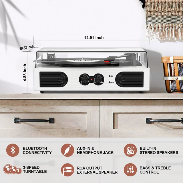 Alt view image 6 of 7 - Vinyl Record Player with Built-in Stereo Speakers, Vintage 3-Speed Turntable, Bass/Treble Control, Headphone Jack, RCA/AUX Outputs, Belt-Driven LP Player, White Wood