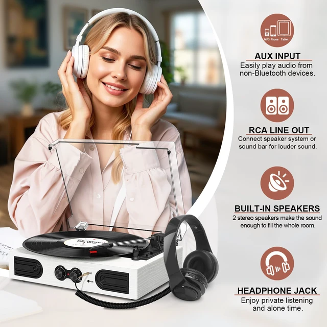 Alt view image 7 of 7 - Vinyl Record Player with Built-in Stereo Speakers, Vintage 3-Speed Turntable, Bass/Treble Control, Headphone Jack, RCA/AUX Outputs, Belt-Driven LP Player, White Wood