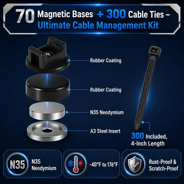 Alt view image 2 of 7 - Magnetic Cable Zip Tie Mounts, 70 Pcs Magnet Bases with 300 Pcs Cable Ties, Multipurpose Wire Management Organizer for Desk PC Home Office, Adhesive-Free Cable Clips Holder