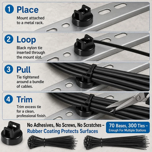 Alt view image 3 of 7 - Magnetic Cable Zip Tie Mounts, 70 Pcs Magnet Bases with 300 Pcs Cable Ties, Multipurpose Wire Management Organizer for Desk PC Home Office, Adhesive-Free Cable Clips Holder