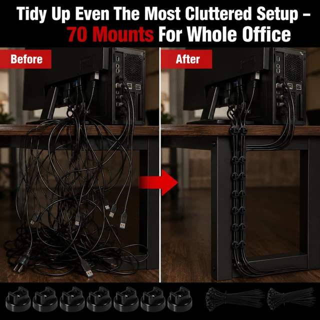 Alt view image 6 of 7 - Magnetic Cable Zip Tie Mounts, 70 Pcs Magnet Bases with 300 Pcs Cable Ties, Multipurpose Wire Management Organizer for Desk PC Home Office, Adhesive-Free Cable Clips Holder