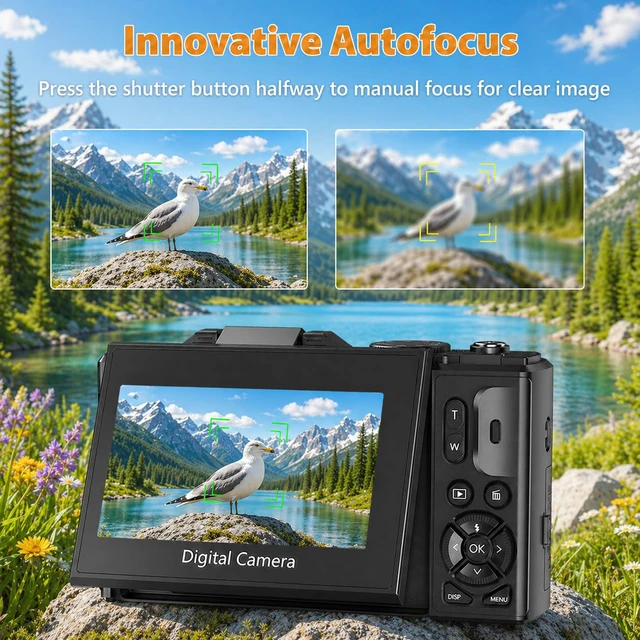 Alt view image 3 of 7 - 4K Digital Camera for Photography, 64MP Vlogging Camera for YouTube Point and Shoot Camera with WiFi Sharing, 18X Digital Zoom, 3" 180° Flip Screen, 32GB Micro SD Card & 2 Batteries, Black