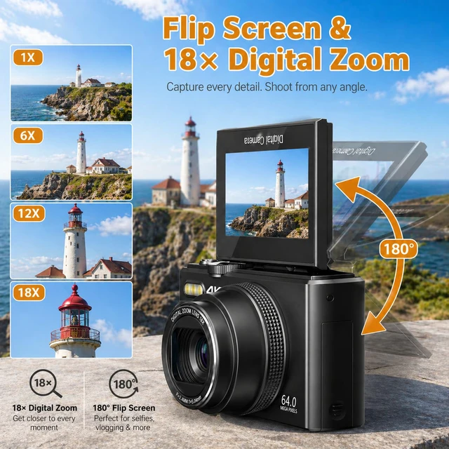 Alt view image 4 of 7 - 4K Digital Camera for Photography, 64MP Vlogging Camera for YouTube Point and Shoot Camera with WiFi Sharing, 18X Digital Zoom, 3" 180° Flip Screen, 32GB Micro SD Card & 2 Batteries, Black