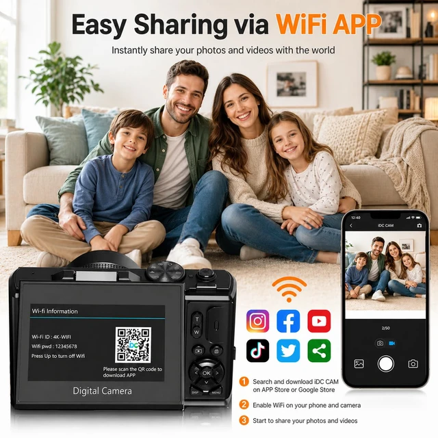 Alt view image 6 of 7 - 4K Digital Camera for Photography, 64MP Vlogging Camera for YouTube Point and Shoot Camera with WiFi Sharing, 18X Digital Zoom, 3" 180° Flip Screen, 32GB Micro SD Card & 2 Batteries, Black
