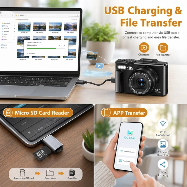 Alt view image 7 of 7 - 4K Digital Camera for Photography, 64MP Vlogging Camera for YouTube Point and Shoot Camera with WiFi Sharing, 18X Digital Zoom, 3" 180° Flip Screen, 32GB Micro SD Card & 2 Batteries, Black