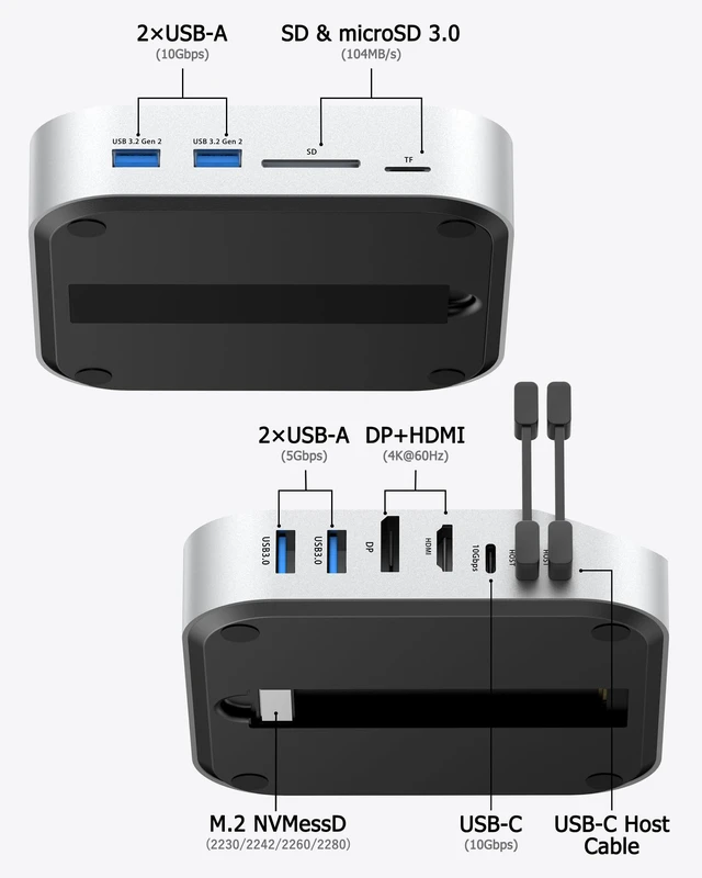 Alt view image 2 of 7 - Mac mini M4 Dock with NVMe SSD Enclosure, 40Gbps 8TB SSD Support, 10-in-2 USB-C Hub with 2×USB-A, USB-C, 10Gbps, 2×USB-A 5Gbps, HDMI, DP, SD/TF Reader, Magnetic Cover