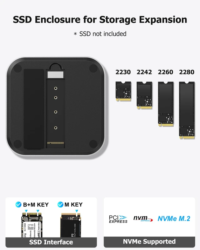 Alt view image 3 of 7 - Mac mini M4 Dock with NVMe SSD Enclosure, 40Gbps 8TB SSD Support, 10-in-2 USB-C Hub with 2×USB-A, USB-C, 10Gbps, 2×USB-A 5Gbps, HDMI, DP, SD/TF Reader, Magnetic Cover