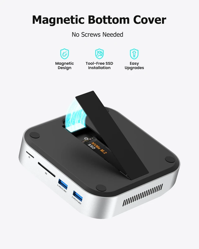 Alt view image 7 of 7 - Mac mini M4 Dock with NVMe SSD Enclosure, 40Gbps 8TB SSD Support, 10-in-2 USB-C Hub with 2×USB-A, USB-C, 10Gbps, 2×USB-A 5Gbps, HDMI, DP, SD/TF Reader, Magnetic Cover