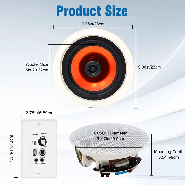 Alt view image 6 of 7 - 8 Inch Bluetooth Ceiling Speakers 400W 2-Way Flush Mount in Wall Amplifier Receiver Suitable for Home Theater Bathroom Living Room Kitchen Office (1 Pair)