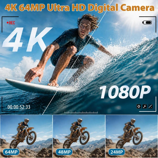 Alt view image 2 of 7 - 4K Digital Camera for Photography, 64MP Vlogging Camera for YouTube Point and Shoot Camera with WiFi Sharing, 18X Digital Zoom, 3" 180° Flip Screen, 32GB Micro SD Card & 2 Batteries, Black