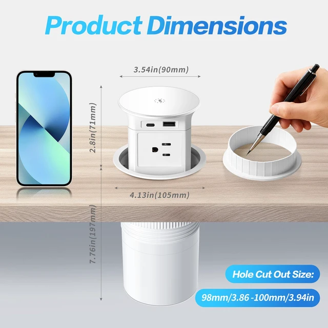 Alt view image 2 of 7 - 3.86" Pop Up Outlet for Countertop,15W Wireless Charger,USB C 20W-White 4-Side Outlets 1875W Overload Protection, USB-C PD 20W Super Fast Charging,6.5 Ft 16AWG Cable ETL Listed for Office home