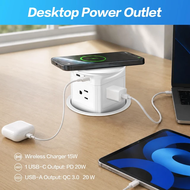 Alt view image 3 of 7 - 3.86" Pop Up Outlet for Countertop,15W Wireless Charger,USB C 20W-White 4-Side Outlets 1875W Overload Protection, USB-C PD 20W Super Fast Charging,6.5 Ft 16AWG Cable ETL Listed for Office home