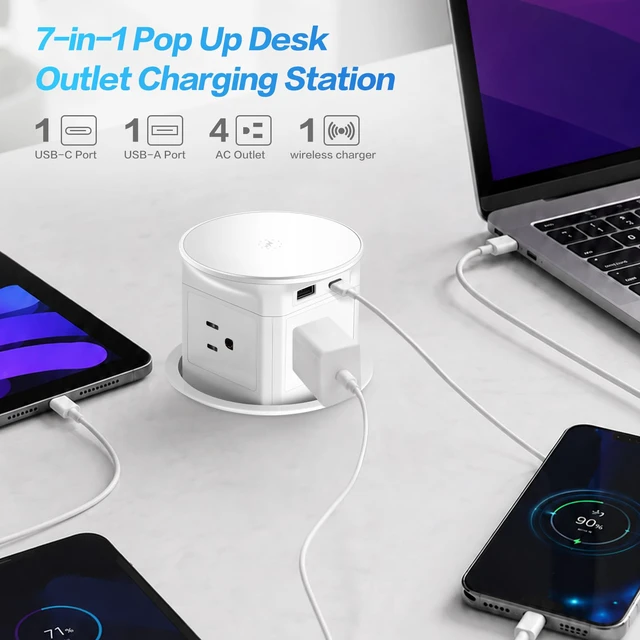 Alt view image 4 of 7 - 3.86" Pop Up Outlet for Countertop,15W Wireless Charger,USB C 20W-White 4-Side Outlets 1875W Overload Protection, USB-C PD 20W Super Fast Charging,6.5 Ft 16AWG Cable ETL Listed for Office home