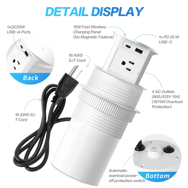 Alt view image 5 of 7 - 3.86" Pop Up Outlet for Countertop,15W Wireless Charger,USB C 20W-White 4-Side Outlets 1875W Overload Protection, USB-C PD 20W Super Fast Charging,6.5 Ft 16AWG Cable ETL Listed for Office home