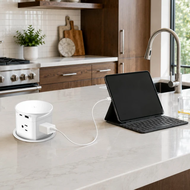 Alt view image 7 of 7 - 3.86" Pop Up Outlet for Countertop,15W Wireless Charger,USB C 20W-White 4-Side Outlets 1875W Overload Protection, USB-C PD 20W Super Fast Charging,6.5 Ft 16AWG Cable ETL Listed for Office home