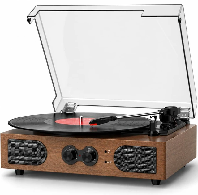 Main image of Vinyl Record Player with Dual Speakers Bass/Treble Control Walnut Built-in Stereo Speakers, Vintage 3-Speed 3 Sizes, Belt-Driven LP Turntable, Headphone Jack, RCA Line-out, AUX-in, Auto-Stop