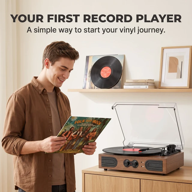 Alt view image 3 of 7 - Vinyl Record Player with Dual Speakers Bass/Treble Control Walnut Built-in Stereo Speakers, Vintage 3-Speed 3 Sizes, Belt-Driven LP Turntable, Headphone Jack, RCA Line-out, AUX-in, Auto-Stop